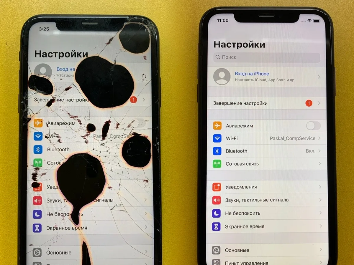 Разбитый экран iPhone и он же после замены дисплея