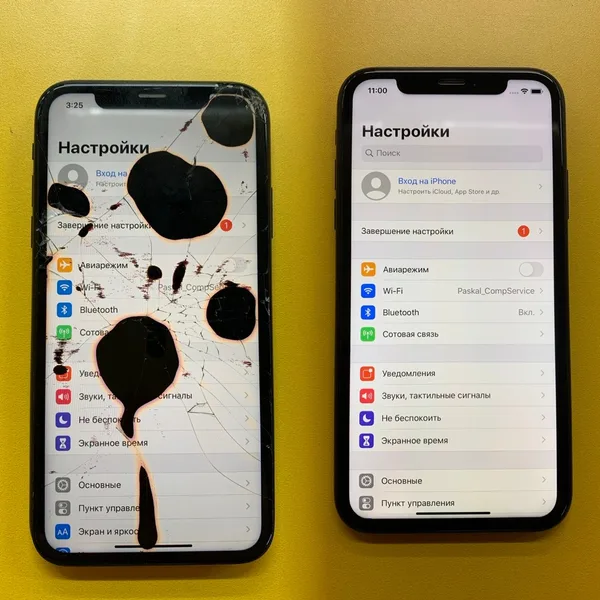 Разбитый экран iPhone и он же после замены дисплея